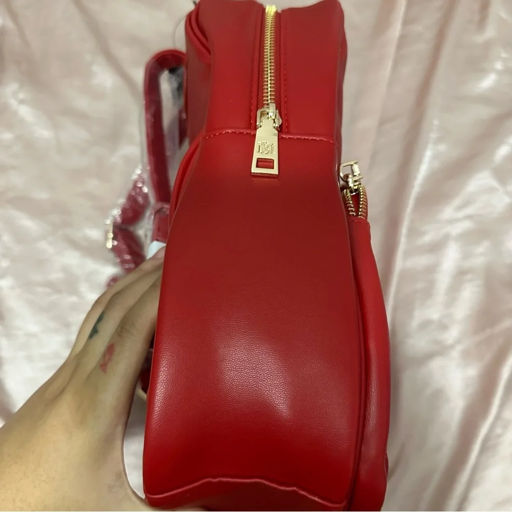 Badgley Mischka Bright Red Vegan Leather Gold Studded Backpack NWT